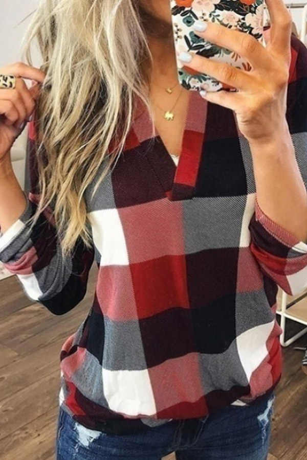 Casual V-Neck Plaid Colorblock Print Long Sleeve Shirt