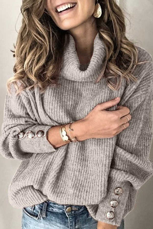 Casual solid color high collar decorative buckle female sweater