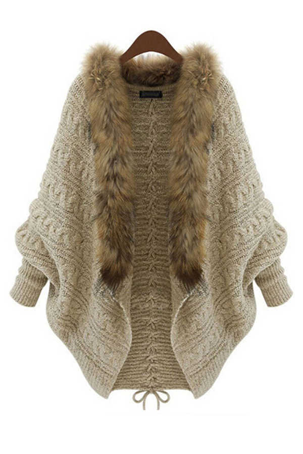 Charming Faux Fur Collar  Lace-Up  Batwing Sleeve Cardigans